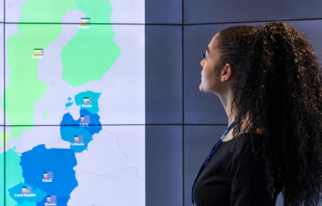 Student looks at graphic of Europe