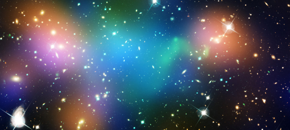 This composite image shows the distribution of dark matter, galaxies, and hot gas in the core of the merging galaxy cluster Abell 520, formed from a violent collision of massive galaxy clusters.