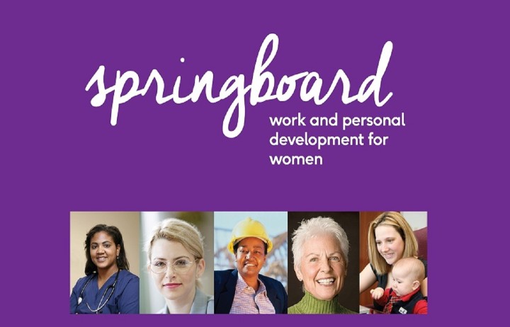 Text reads 'Springboard work and personal development for women' with profile photos of 5 different women