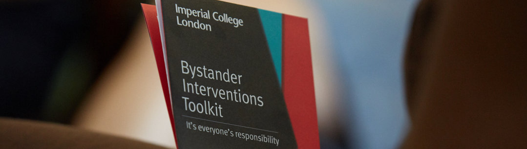 Photo of our Active Bystander leaflet - text reads 'Bystander Interventions Toolkit - It's everyone's responsibility