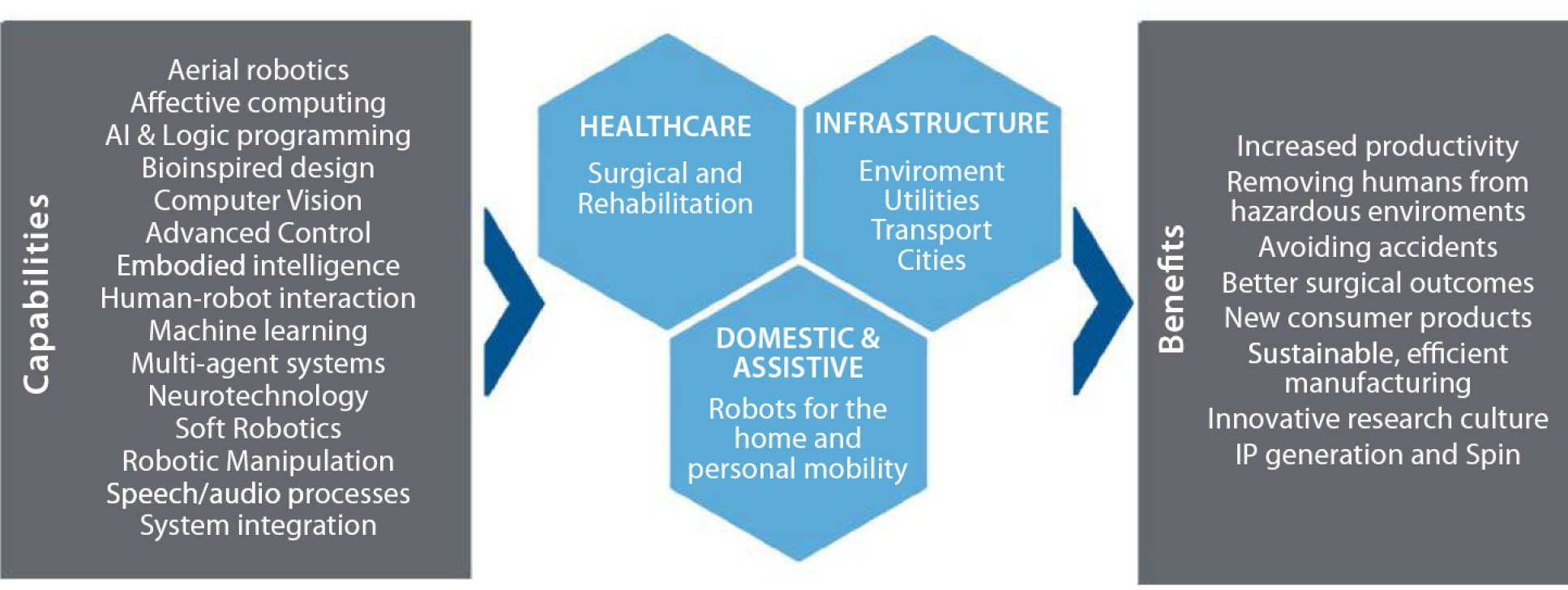 Infographic showing the main research domains of the forum (Healthcare, Infrastructure, Domestic and Assistive), its capabilities (which range from aerial robotics to neurotechnology), and benefits (which include increased productivity and better surgical outcomes).