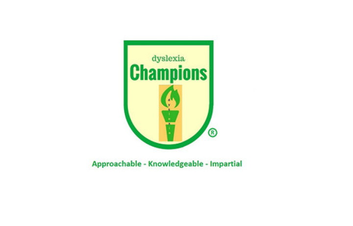 Onb a white background, the Dyslexia Champion logo sits with an olympic type torch lit and hanging above it are the words dyslexia Champion. The motto of the champions, Approachable-Knowledge-Impartial, written under the logo in green. 