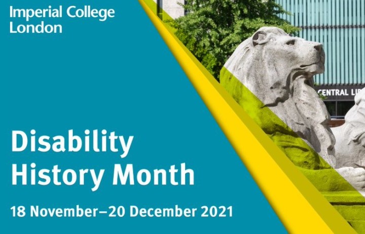 Blue and yellow Disability History Month banner, with the College lion scupture in the background