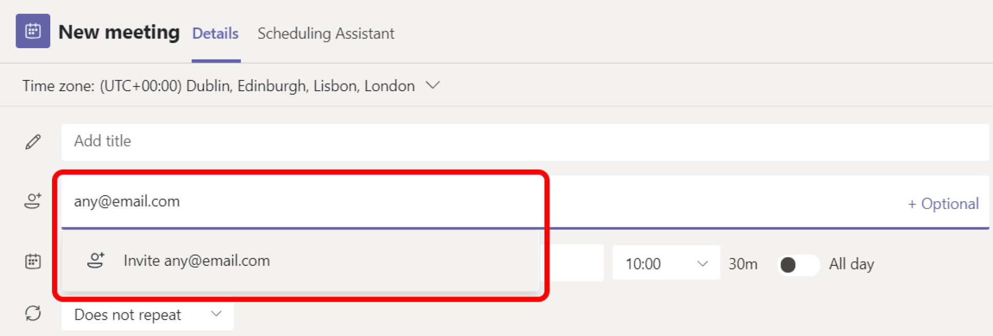 Screenshot from Teams showing where to add an external user's email address in the meeting invite