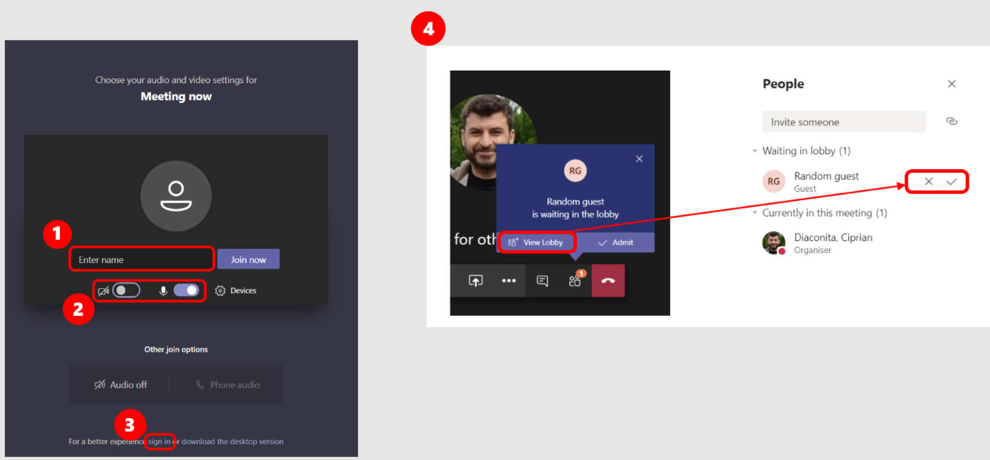 Screenshot from Teams showing the options available to users when joining a meeting