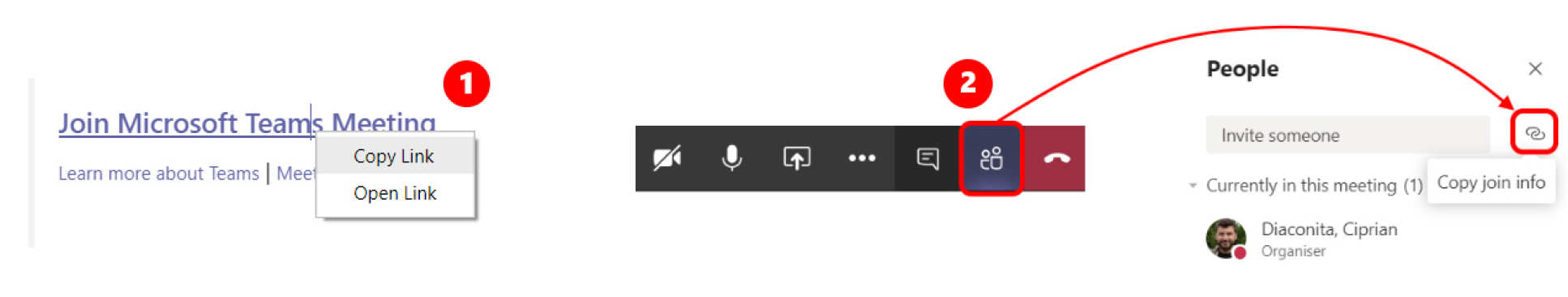 Screenshot from Teams showing how to invite people to a scheduled meeting