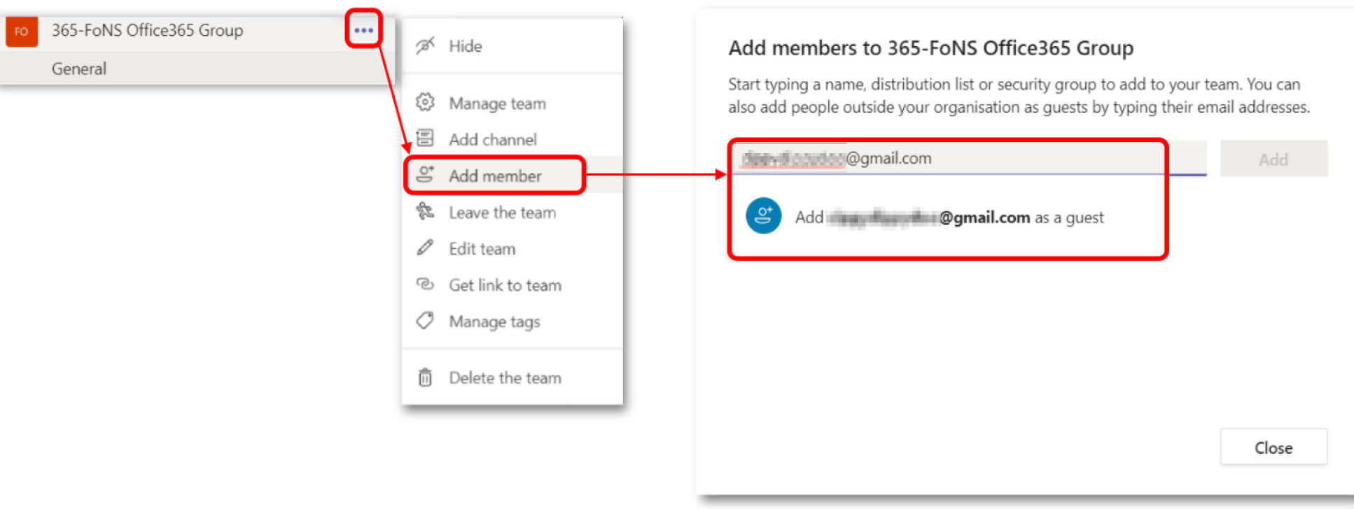 Screenshot from Teams showing how to add a member to a Team