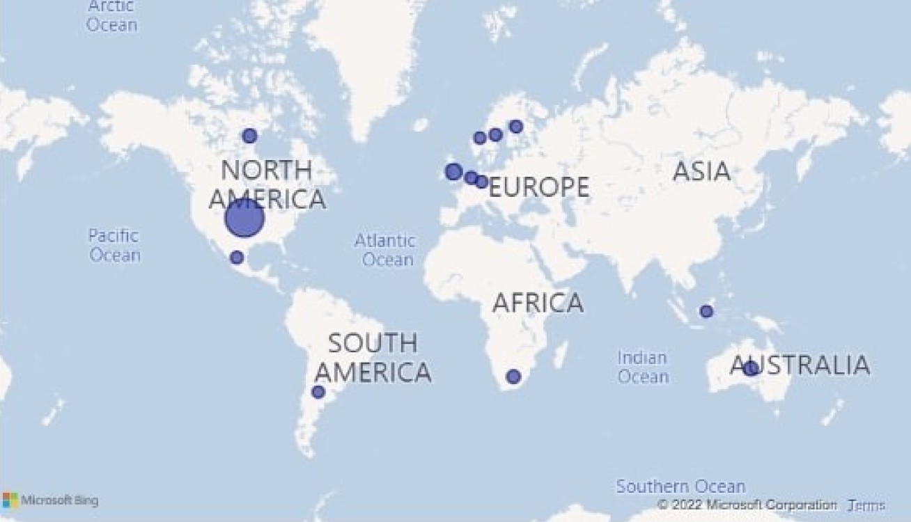 Map of the world with some countries highlighted with blue circles