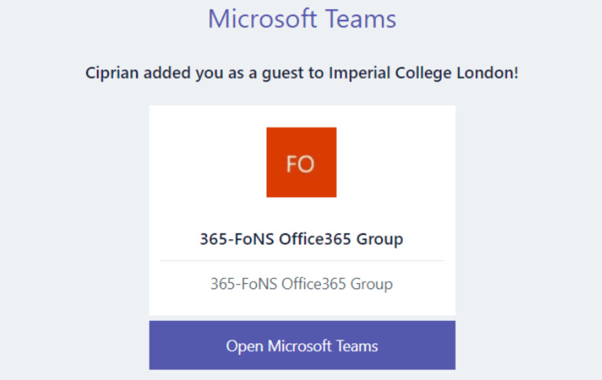 Image showing what the welcome email looks like when an external user is added to a Team