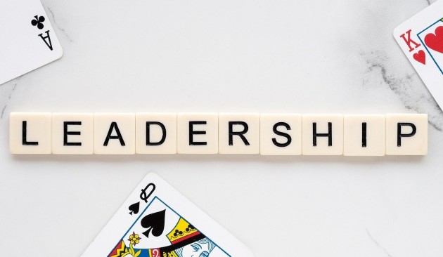 Word 'leadership' with king and queen playing cards