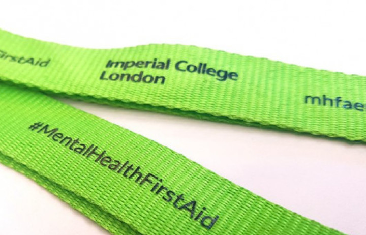Part of the green Imperial College London Mental Health First Aid lanyard