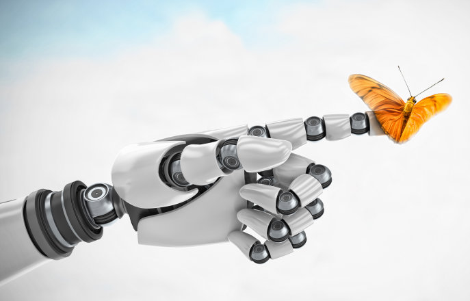 Close up of robotic hand, finger outstretched touching a butterfly against blue sky with clouds