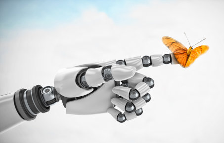 Close up of robotic hand, finger outstretched touching a butterfly against blue sky with clouds