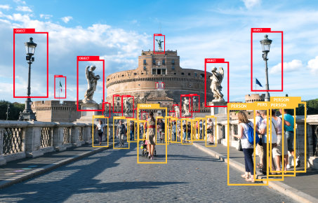 Machine Learning analytics identify person and object technology , Artificial intelligence concept. Software ui analytics and recognition people in city with flare light effect