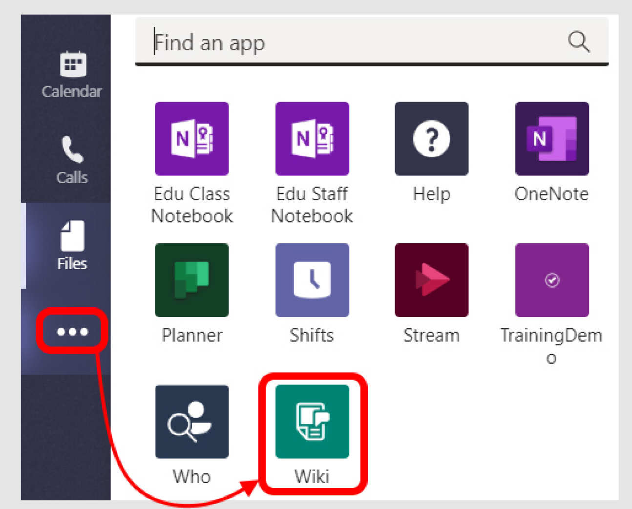 Screenshot from Teams showing how to add the Wiki add to your team