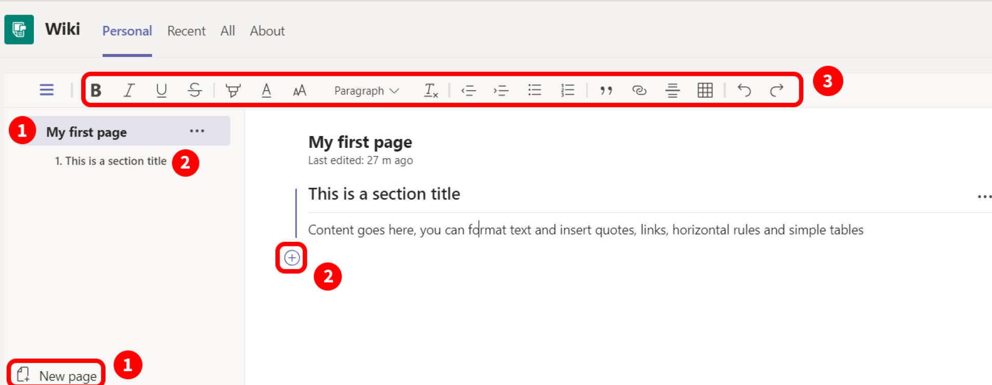 Screenshot of the Wiki app showing where you can add Pages and Sections to your notes