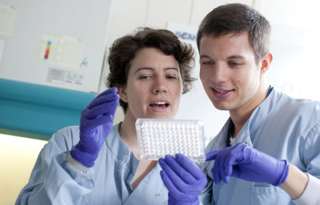Two researchers discussing a sample tray