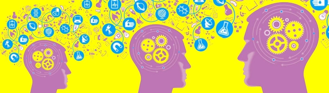 Graphic design image showing three heads and scientific symbols