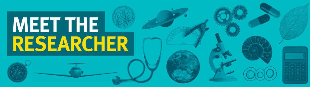Graphic displaying, 'Meet the Researcher' and various science related images such as a petri dish, calculator and a compass